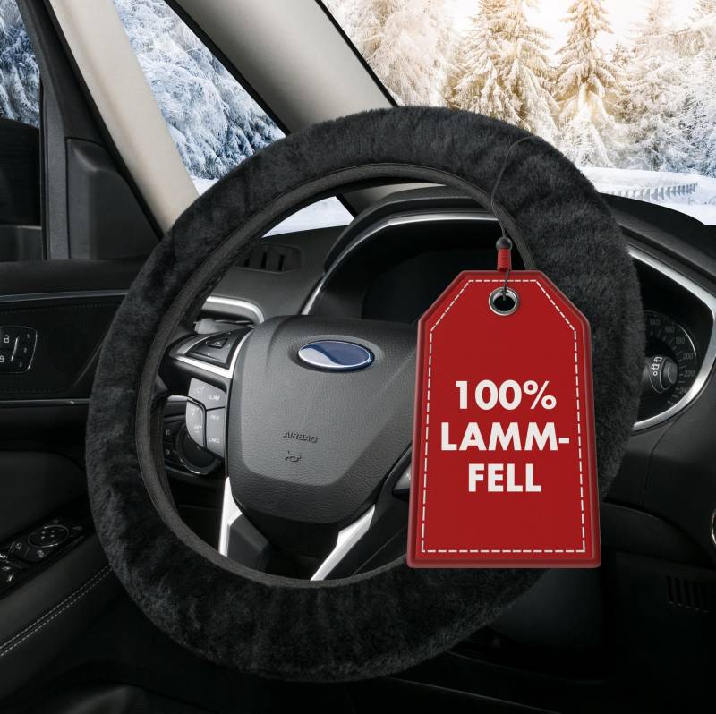 WALSER Lammfell Lenkradbezug Auto, 100% Lammfell Lenkradschutz Auto, Auto Lenkradbezug, Lenkradbezug Fell, Lenkrad Bezug, Auto Winter Zubehoer, Lenkradbezug Winter, Lenkrad Wärmer schwarz von Walser