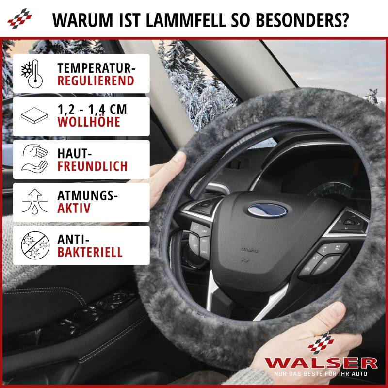 Walser Lammfell Lenkradbezug Auto, 100% Lammfell Lenkradschutz Auto, Auto Lenkradbezug, Lenkradbezug Fell, Lenkrad Bezug, Auto Winter Zubehoer, Lenkradbezug Winter, Lenkrad Wärmer anthrazit 19545 von Walser