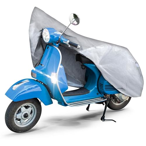 WALSER Motorrad Abdeckplane All Weather Basic S, 100% wasserdichte Outdoor Motorrad Plane, Vespa Abdeckplane Ganz-Jahres-Schutz, Abdeckplane Motorrad, Motorrad Zubehör Plane Silber 185x90x110 cm von Walser