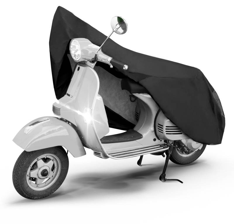 WALSER Motorrad Abdeckplane All Weather Basic S, 100% wasserdichte Outdoor Motorrad Plane, Vespa Abdeckplane Ganz-Jahres-Schutz, Abdeckplane Motorrad, Motorrad Zubehör Plane schwarz 185x90x110 cm von Walser