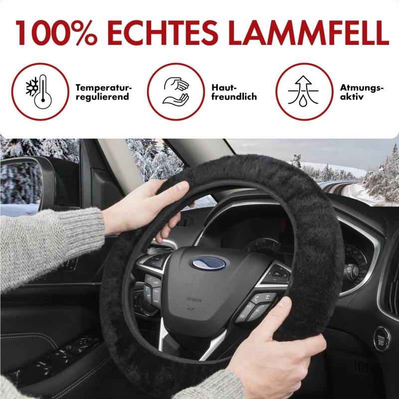 Walser Lammfell Lenkradbezug Auto, 100% Lammfell Lenkradschutz Auto, Auto Lenkradbezug, Lenkradbezug Fell, Lenkrad Bezug, Auto Winter Zubehoer, Lenkradbezug Winter, Lenkrad Wärmer schwarz von Walser