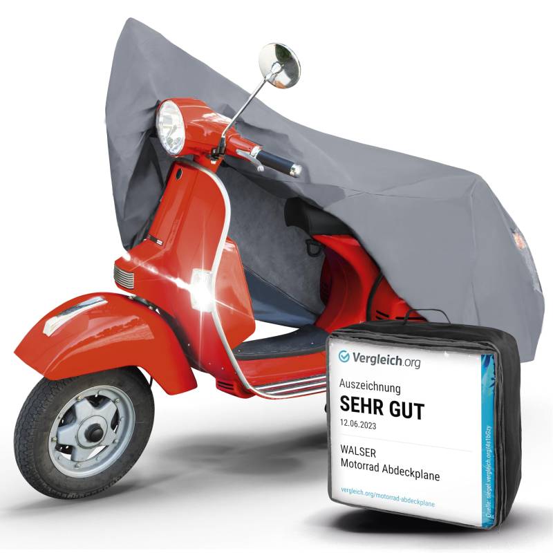 WALSER Premium Motorrad Abdeckplane S, Auszeichnung Sehr Gut* Abdeckplane wasserdicht, Vespa Abdeckplane aus PVC, Outdoor Motorrad Plane, Motorrad Zubehör, Abdeckplane Motorrad grau 185x90x110 cm von Walser