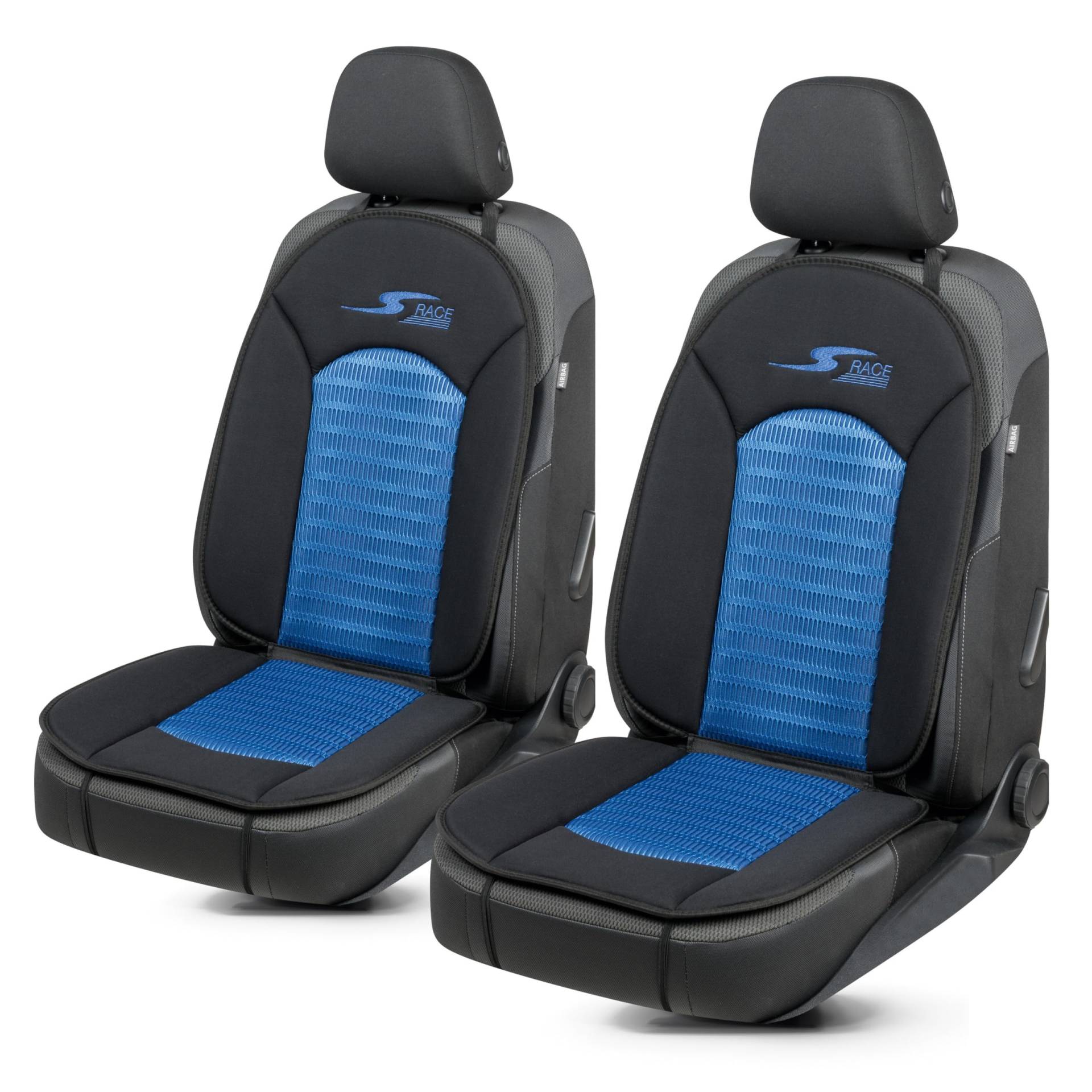 Walser Car Comfort Auto-Sitzauflage S-Race 2-er Set, Auszeichnung Sehr Gut* Autositzauflage, Sitzkissen-PKW, 2 Stück Universal Sitzschoner-Auto, Sitzauflage-Auto Vordersitze blau/schwarz von Walser