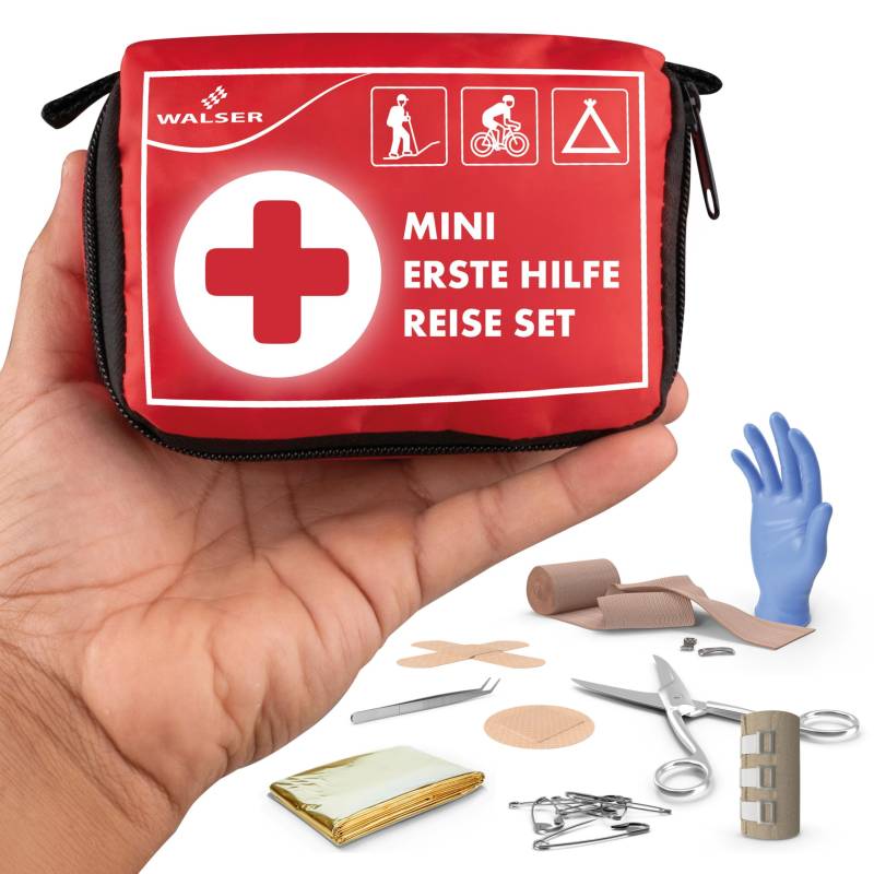 Walser Premium Mini Erste Hilfe Set 2025, wasserfestes Notfall-Set Outdoor/Camping/Fahrrad, 34-teiliges Reiseapotheke Set, kompaktes Erste Hilfe Set Outdoor, Mini Verbandskasten 2025, First Aid Kit von Walser