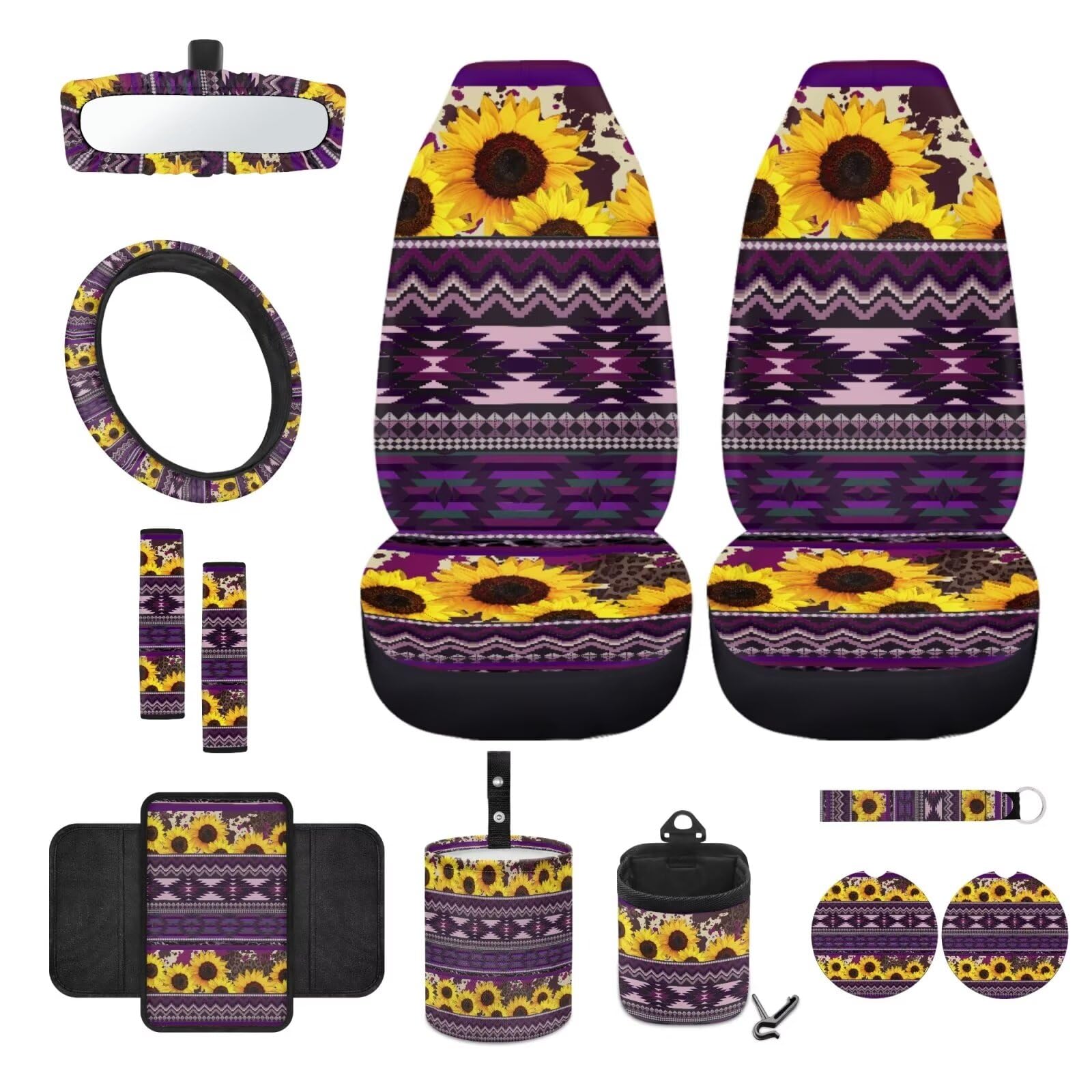 Wanyint Autositzbezüge, Motiv: Azteken-Sonnenblumen-Violett, komplettes Set, mit Vordersitzbezügen, Lenkrad-Sicherheitsgurtbezug, Mülleimer, Armlehne, Rückspiegelbezug, Untersetzer, Schlüsselanhänger, von Wanyint