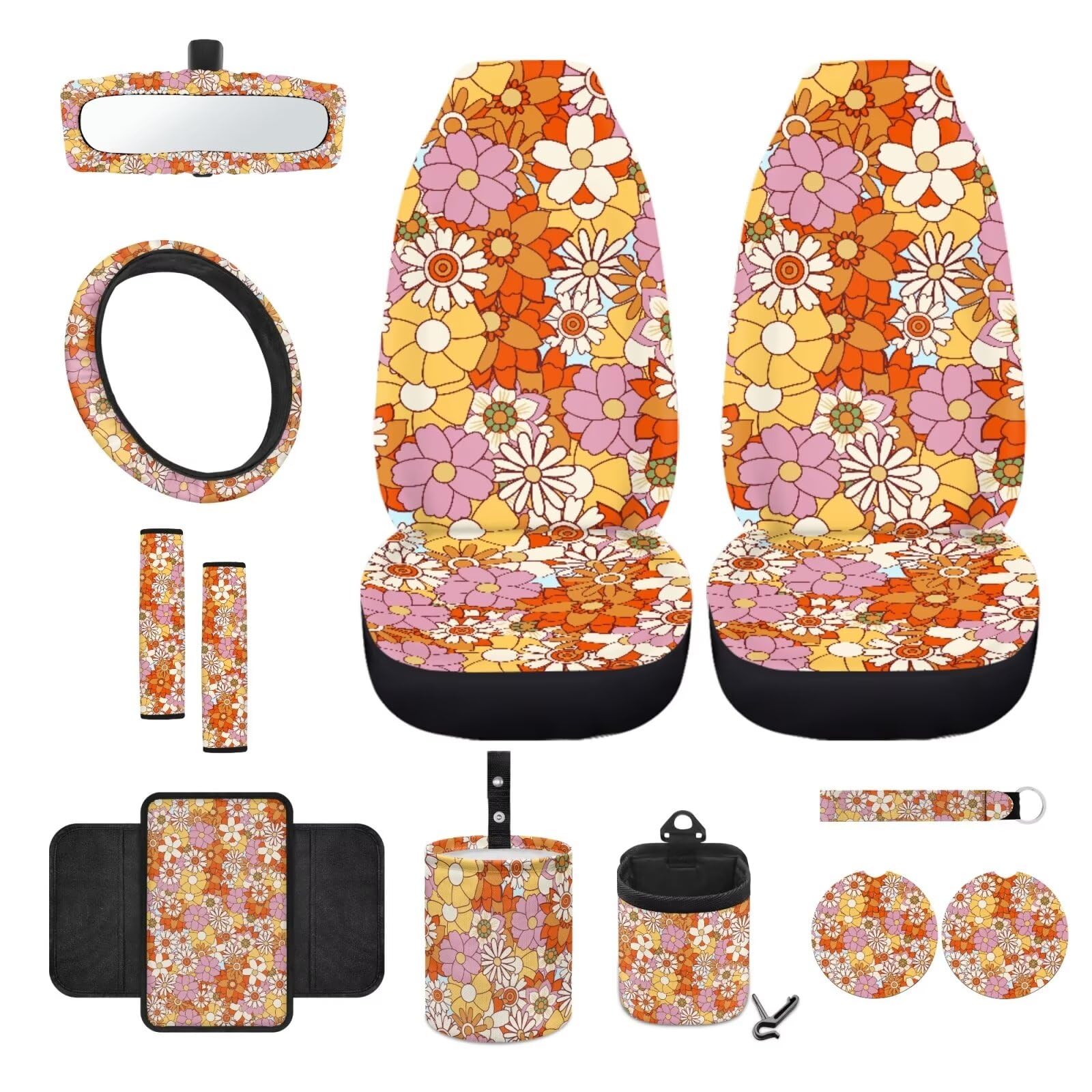 Wanyint Autositzbezüge, Motiv: Hippie-Blume, komplettes Set, 12-teilig, mit Lenkradbezug, Gurtpolster, Armlehnenbezug, Untersetzer, Mülleimer, hängende Aufbewahrungstasche, Getränkehalter, von Wanyint