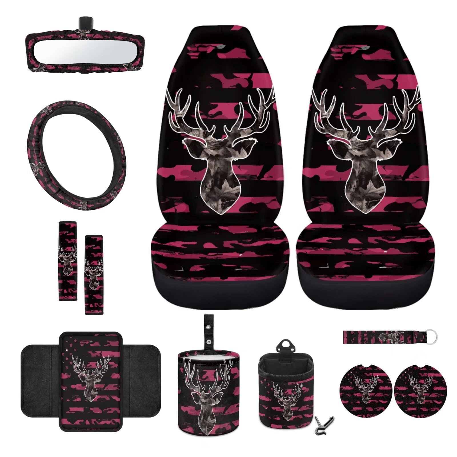 Wanyint Autositzbezüge-Set, Motiv: Hirsch, Camouflage, amerikanische Flagge, Rosa, 12-teilig, mit Lenkrad-Sicherheitsgurtbezug, Armlehne, Mülleimer, Sonnenbrillentasche, Rückspiegelbezug, Untersetzer, von Wanyint