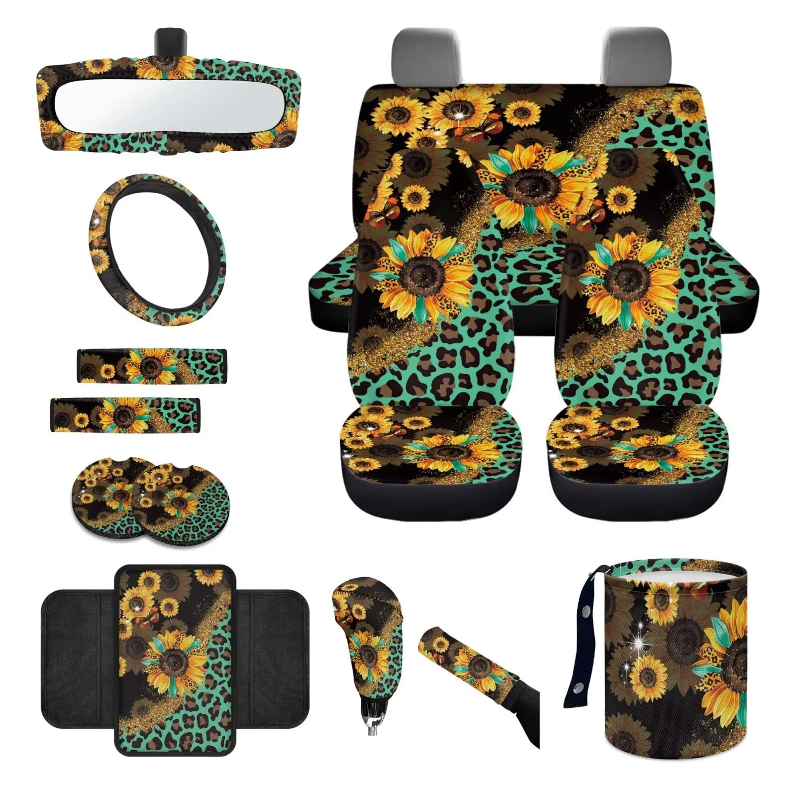 Wanyint Autositzbezüge-Set, Sonnenblumen-Leopardenmuster, Grün, 14-teilig, mit Lenkradbezug, Sicherheitsgurtpolster, Müllsack, Armlehne, Sitzkastenbezug, Handbremsenbezug-Set, Rückspiegelschutz, von Wanyint