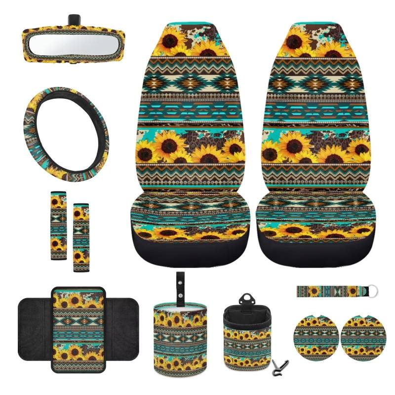 Wanyint Autositzbezug-Set mit Azteken-Sonnenblumen-Motiv, 12-teilig, mit Schalensitzbezügen, Lenkradbezug, Gurtpolster, Armlehnenbezug, Mülleimer, Lüftungsschlitztasche, Rückspiegelbezug, Untersetzer, von Wanyint