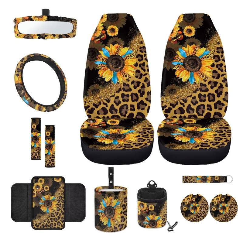 Wanyint Autositzbezug-Set mit Sonnenblumen-Leopardenmuster, Braun, 12-teiliges Set mit Vordersitzbezug, Lenkrad-Armlehnenbezug, Sicherheitsgurtpolster, Mülleimer, Lüftungsschlitztasche, von Wanyint