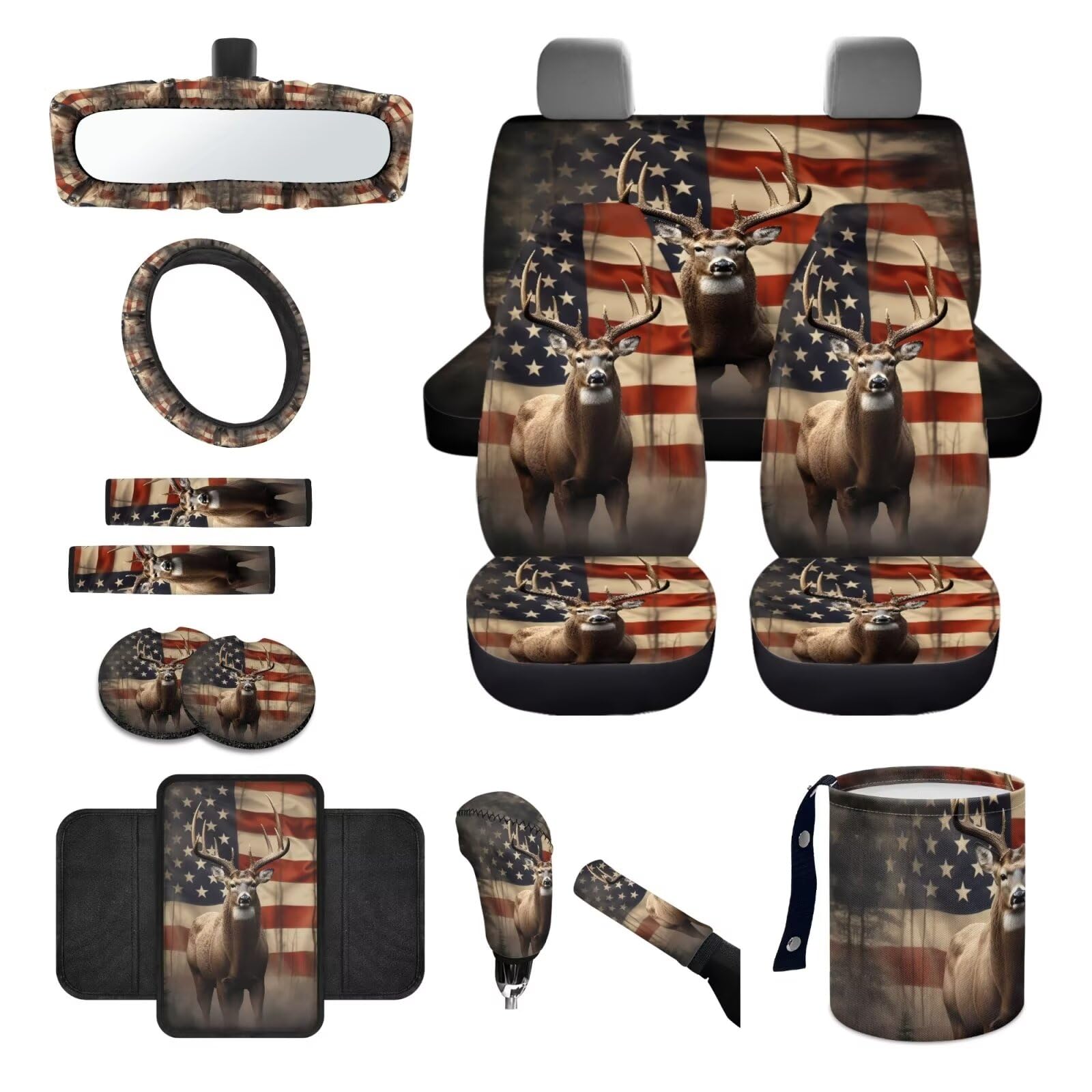 Wanyint Autositzbezug-Set mit amerikanischer Flagge, 14-teilig, mit Lenkradbezug, Sicherheitsgurtbezug, Mülltonnen-Armlehnenbezug, Rückspiegel-Abdeckung, Untersetzer, Schaltknauf-Bezug-Set, Auto-Dekor von Wanyint