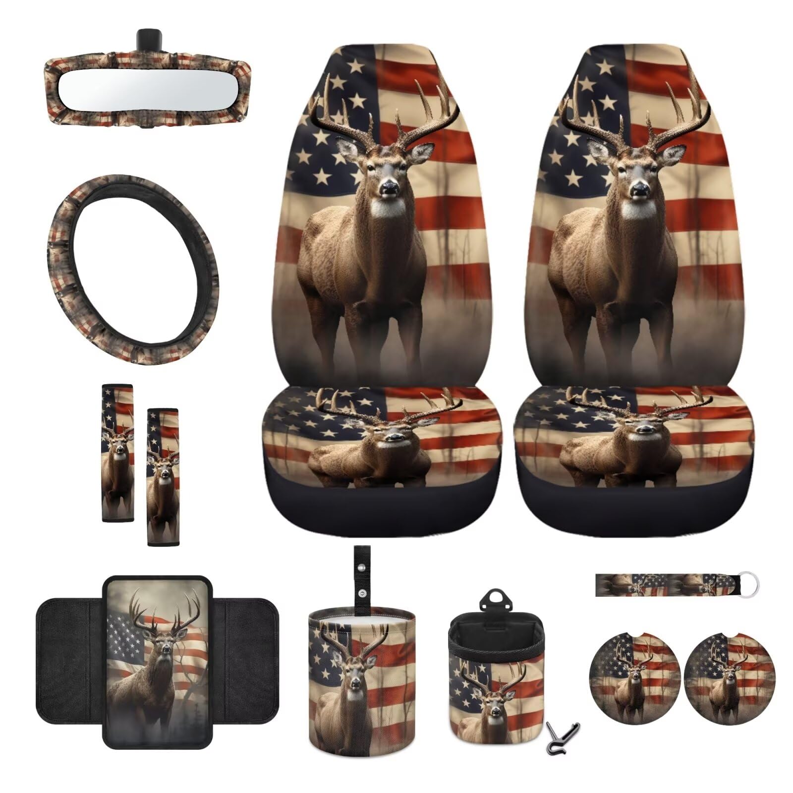 Wanyint Autositzbezug-Set mit amerikanischer Flagge, Lenkradbezug, Sicherheitsgurtbezug, Mülleimer, Armlehnenbezug, Rückspiegel-Abdeckung, Untersetzer, Schlüsselanhänger, Lüftungsschlitztasche, von Wanyint