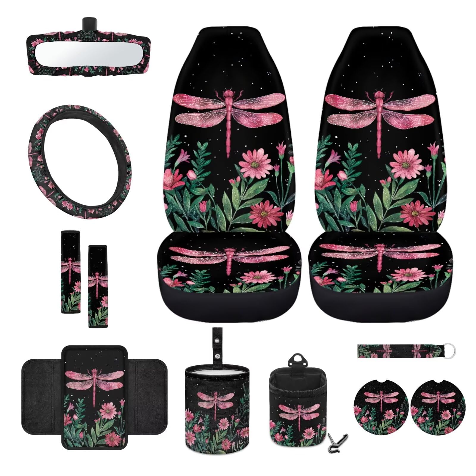 Wanyint Autositzbezug-Set mit rosa Libellen, 12-teilig, mit Schalensitzbezügen, Lenkradbezug, Gurtpolster, Armlehnenbezug, Mülltonne, Lüftungsschlitztasche, Rückspiegelbezug, Untersetzer, von Wanyint