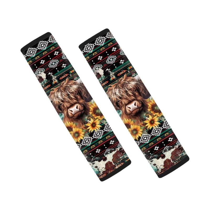 Wanyint Aztec Highland Cow Sunflower Auto Sicherheitsgurtpolster Anti-Rutsch Sicherheitsgurtbezüge Sicherheitsgurt-Abdeckung Schutz Schulter Hals Polsterung Geschirr Pads Kissen 2 Stück von Wanyint