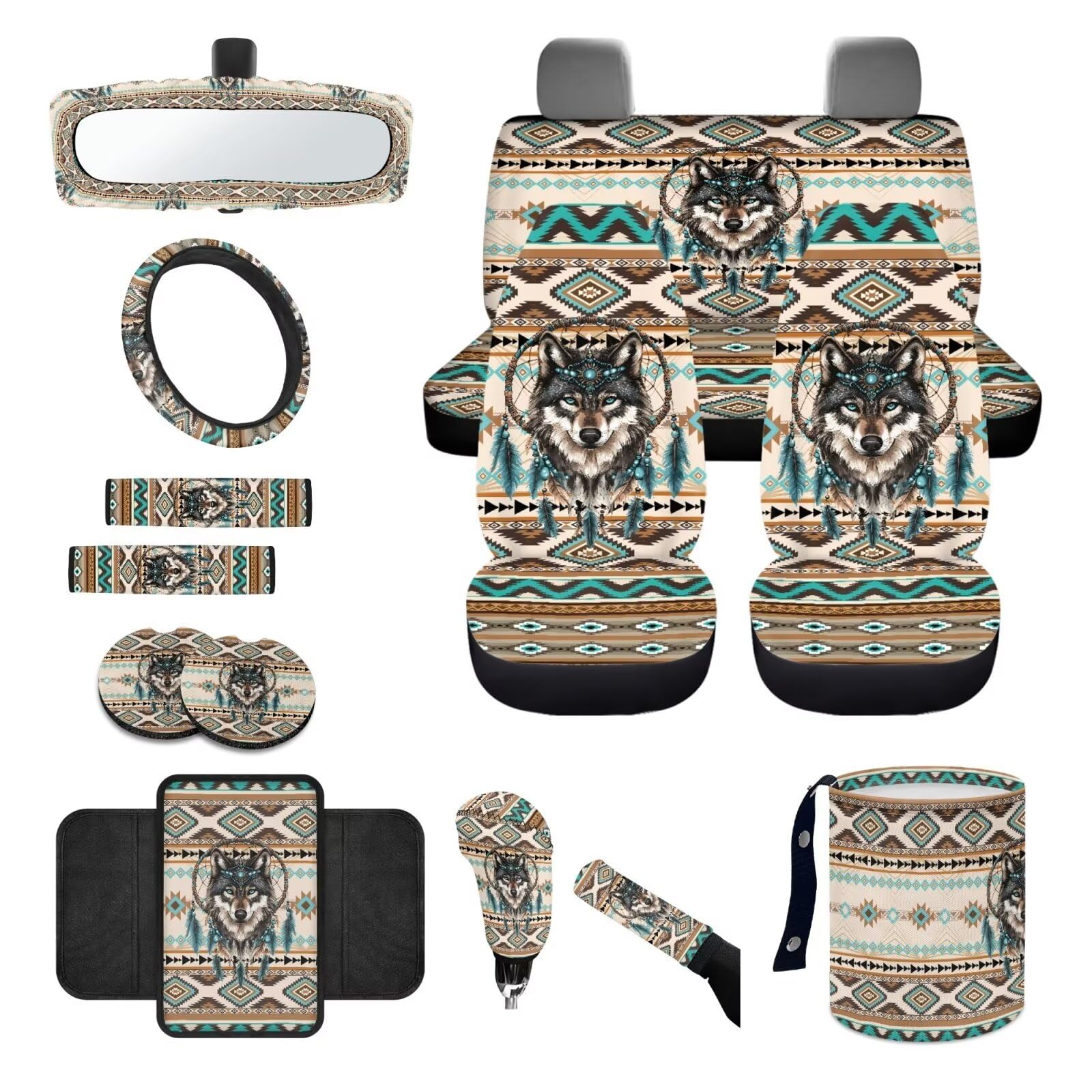 Wanyint Aztec Wolf Traumfänger Autositzbezüge Set von 14 Stück, Lenkradbezug Sicherheitsgurtpolster Mülleimer Auto Armlehnenbezug Kissen Rückspiegelbezug Schaltknauf Abdeckung Set Getränkehalter von Wanyint