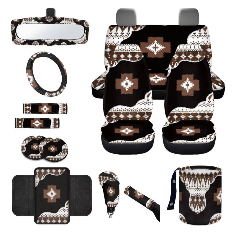 Wanyint Aztekenbraunes Autozubehör-Set, universeller Autositzschutz, Lenkradbezug, Gurtpolster, Mülleimer, Armlehnenbezug, Getränkehalter, Rückspiegelbezug, Handbremsenbezug-Set von Wanyint