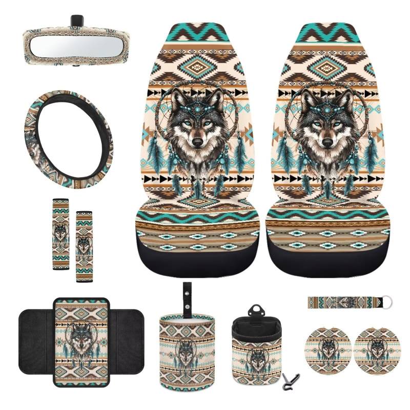 Wanyint Aztekischer Wolf-Traumfänger, Vordersitzbezug-Set mit Sitzschutz, Lenkradbezug, Sicherheitsgurtpolster, Armlehnenbezug, Mülltonne, Lüftungsschlitztasche, Rückspiegelabdeckung, Untersetzer, von Wanyint