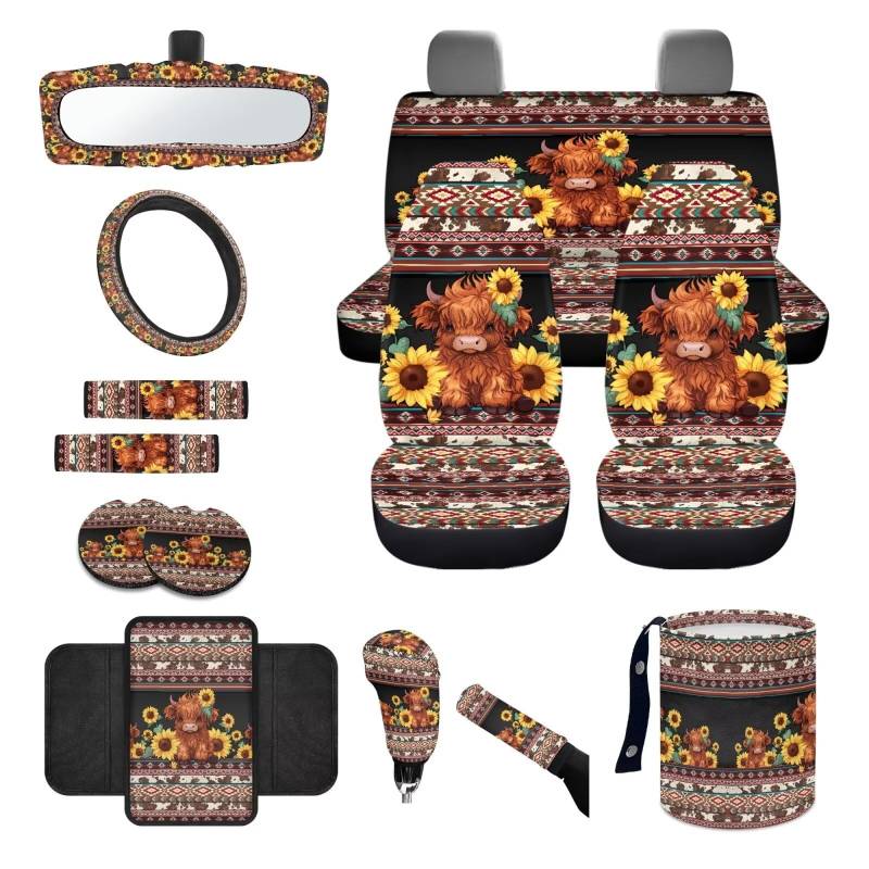 Wanyint Aztekisches Hochlandrind Autozubehör-Set, Autositzschutz, Lenkradbezug, Gurtpolster, Mülleimer, Armlehnenbezug, Untersetzer, Rückspiegelbezug, Handbremsenbezug, 14-teiliges Set von Wanyint