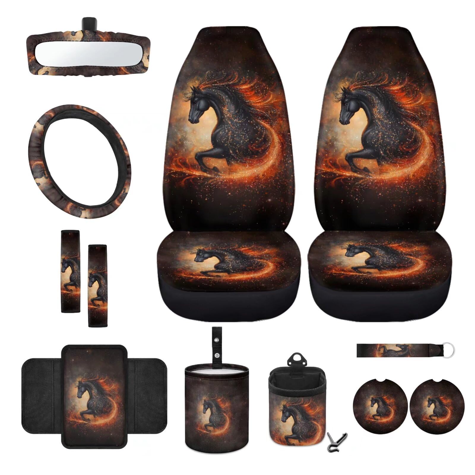 Wanyint Black Horse Flame Vordersitzbezug-Set mit Lenkradbezug, Sicherheitsgurt, Armlehnenbezüge, Getränkehalter, Müllbeutel, Lüftungsschlitztasche, Rückspiegelschutz, Schlüsselanhänger, Autozubehör, von Wanyint