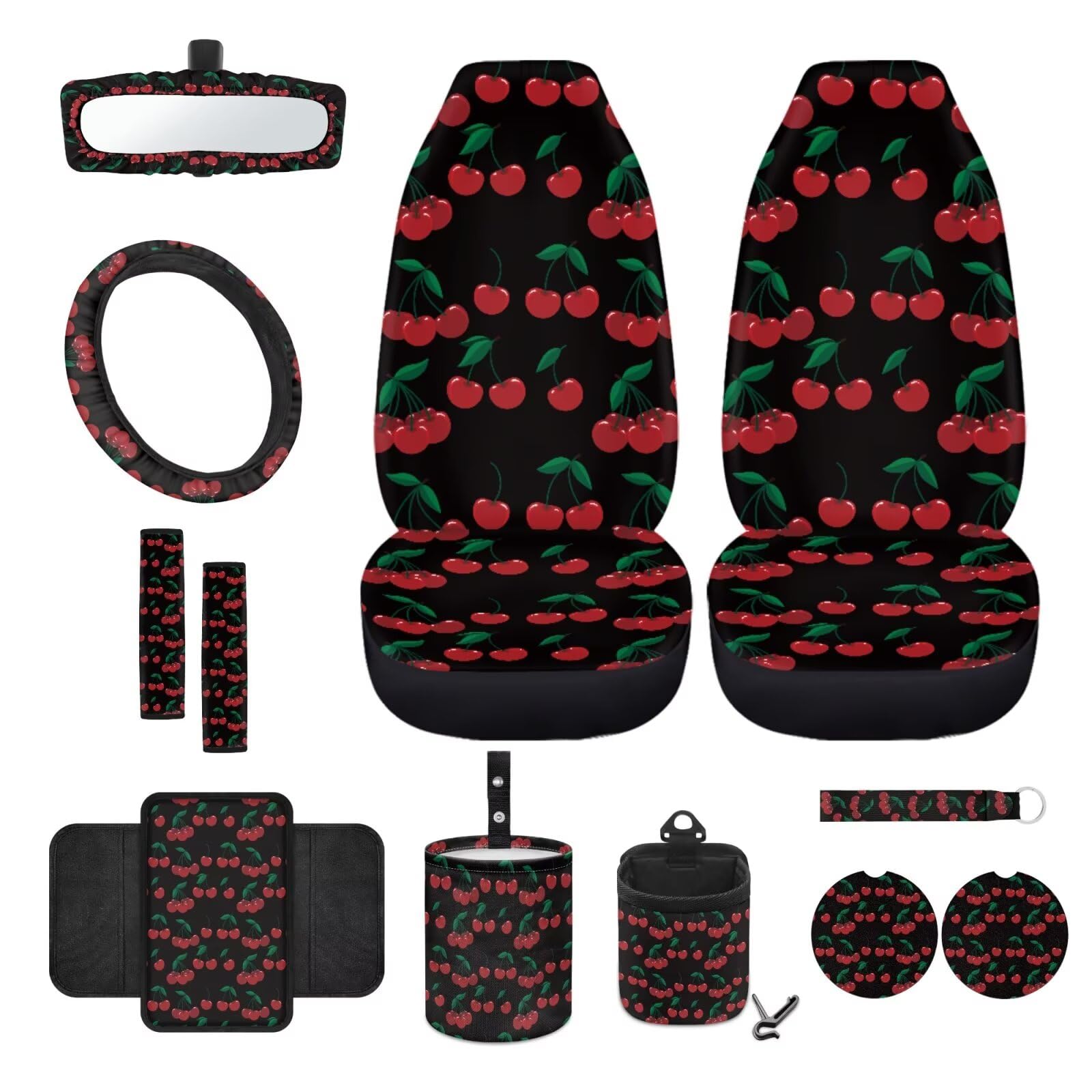 Wanyint Cherry Vordersitzbezug, komplettes Set mit Fahrersitzbezug, Lenkradbezug, Gurtpolster, Armlehnenbezug, Untersetzer, Müllbeutel, Aufbewahrungstasche, Rückspiegelbezug, Schlüsselanhänger, von Wanyint