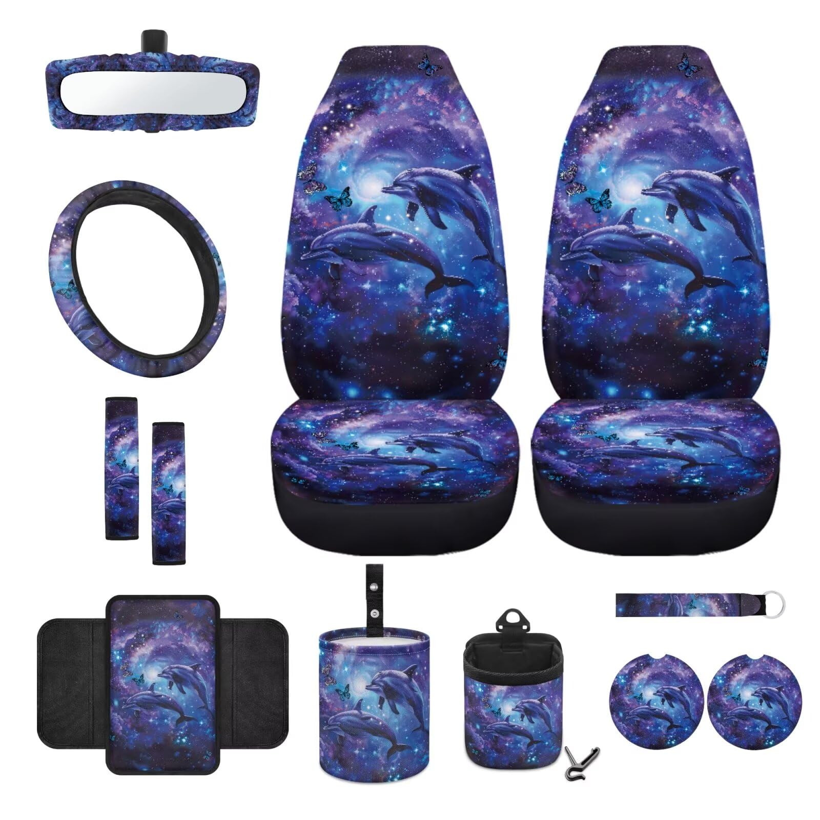 Wanyint Delphin Galaxy Vordersitzbezüge, komplettes Set, mit Lenkradbezug, Sicherheitsgurt, Armlehnenbezug, Mülleimer, Lüftungsschlitz-Halterung, Rückspiegel-Abdeckung, Untersetzer, Schlüsselanhänger, von Wanyint