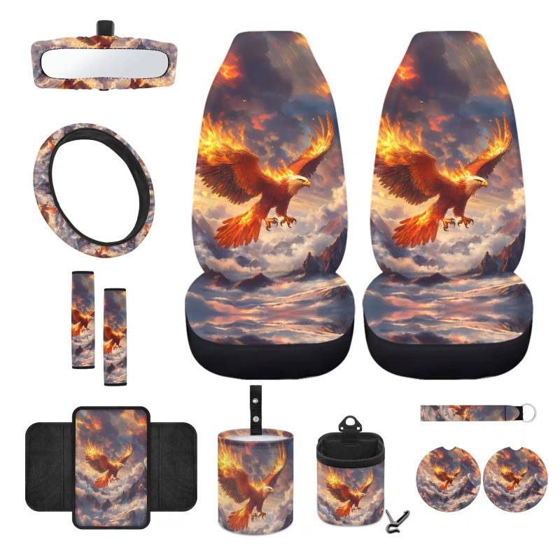 Wanyint Eagle Flame Vordersitzbezug-Set mit Lenkradbezug, Sicherheitsgurtbezug, Armlehnenbezug, Mülltonne, Lüftungsschlitztasche, Rückspiegelabdeckung, Untersetzer, Schlüsselanhänger, passend für SUV, von Wanyint