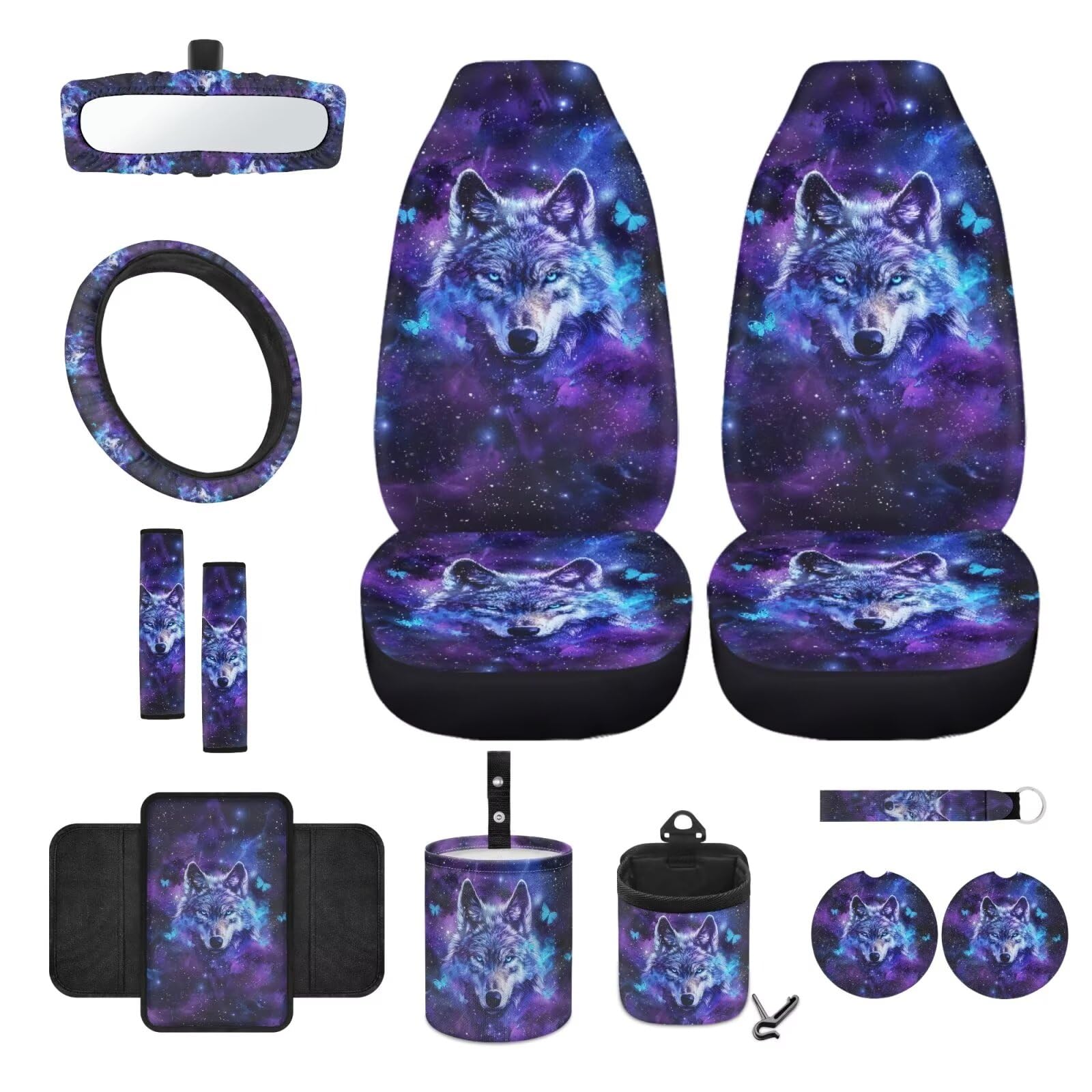 Wanyint Galaxy Wolf Autozubehör mit Vordersitzschutz, Lenkradbezug, Gurtpolster, Armlehne, Matte, Mülleimer, Aufbewahrung, Becherhalter, Rückspiegelabdeckung, Schlüsselanhänger, 12 Stück von Wanyint