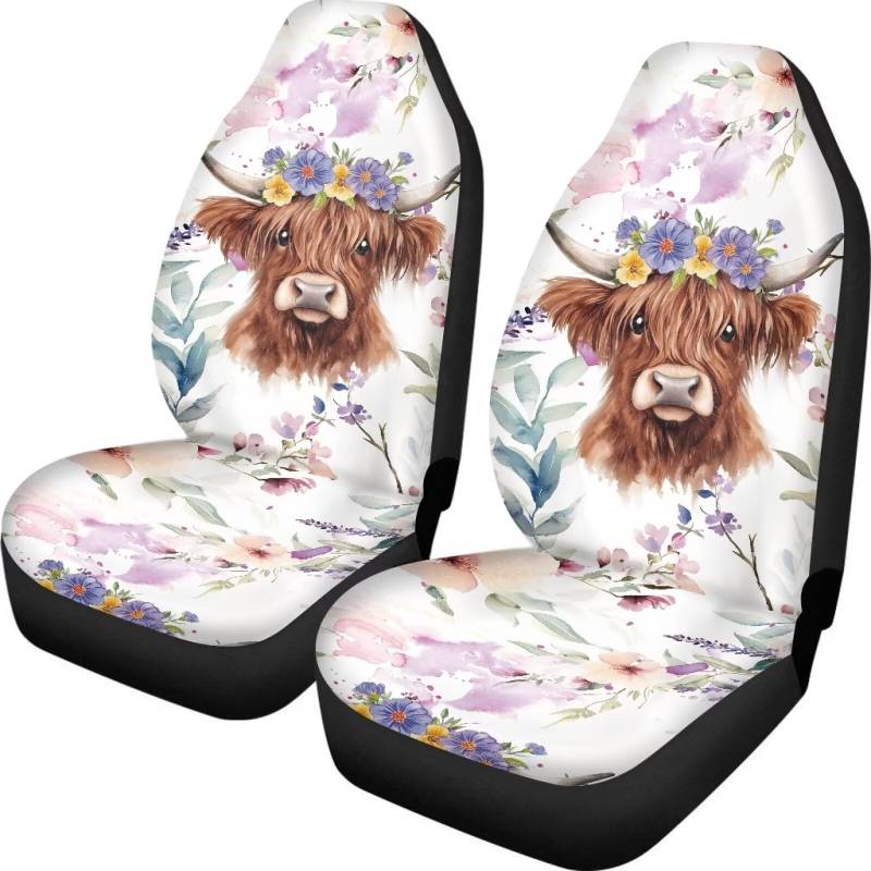 Wanyint Highland Cow Floral Violet Autositzbezug für Damen, rutschfester Vorderbankschutz, atmungsaktives Autozubehör, universell passend für die meisten Fahrzeuge von Wanyint