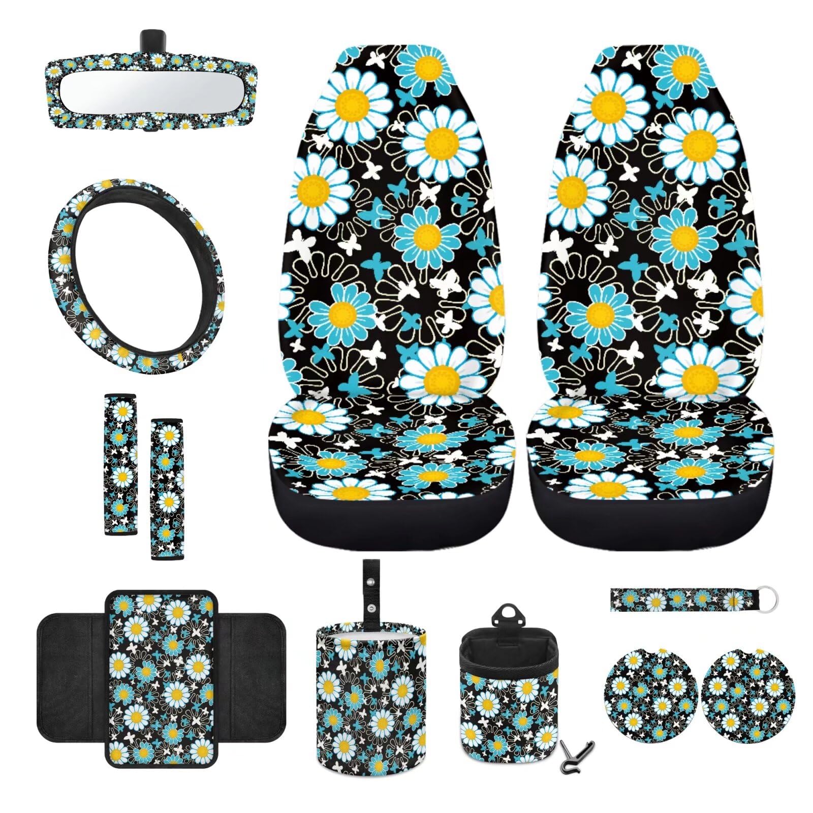 Wanyint Hippie Autositzbezug-Set mit Blumen- und Schmetterlingsmotiv, 12 Stück, mit Vordersitzbezug, Lenkradbezug, Gurtpolster, Armlehnenbezug, Mülleimer, Lüftungsschlitz-Halterung, Rückspiegelbezug, von Wanyint