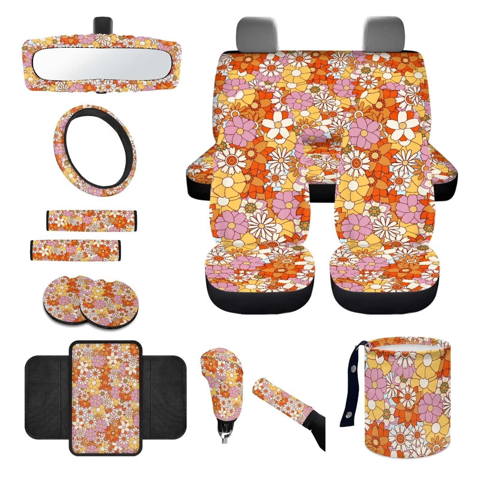 Wanyint Hippie Autositzbezug mit Gänseblümchen-Motiv, komplettes Set, mit Lenkradbezügen, Gurtpolster, Tasse, Untersetzer, Rückspiegel, Untersetzer, Auto-Armlehnenbezug, Schalthebel-Bezug-Set von Wanyint