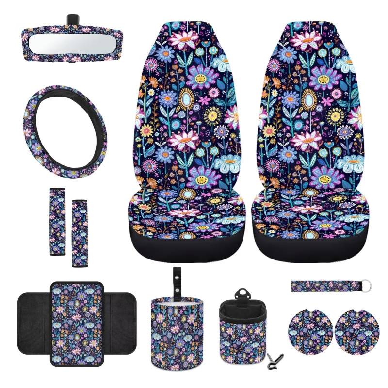 Wanyint Hippie Flower Lotus Autositzbezug-Set mit Vordersitzbezug, Lenkradbezug, Gurtpolster, Armlehnenbezug, Mülleimer, Lüftungsschlitz-Halterung, Rückspiegelbezug, Untersetzer, Schlüsselanhänger, 12 von Wanyint