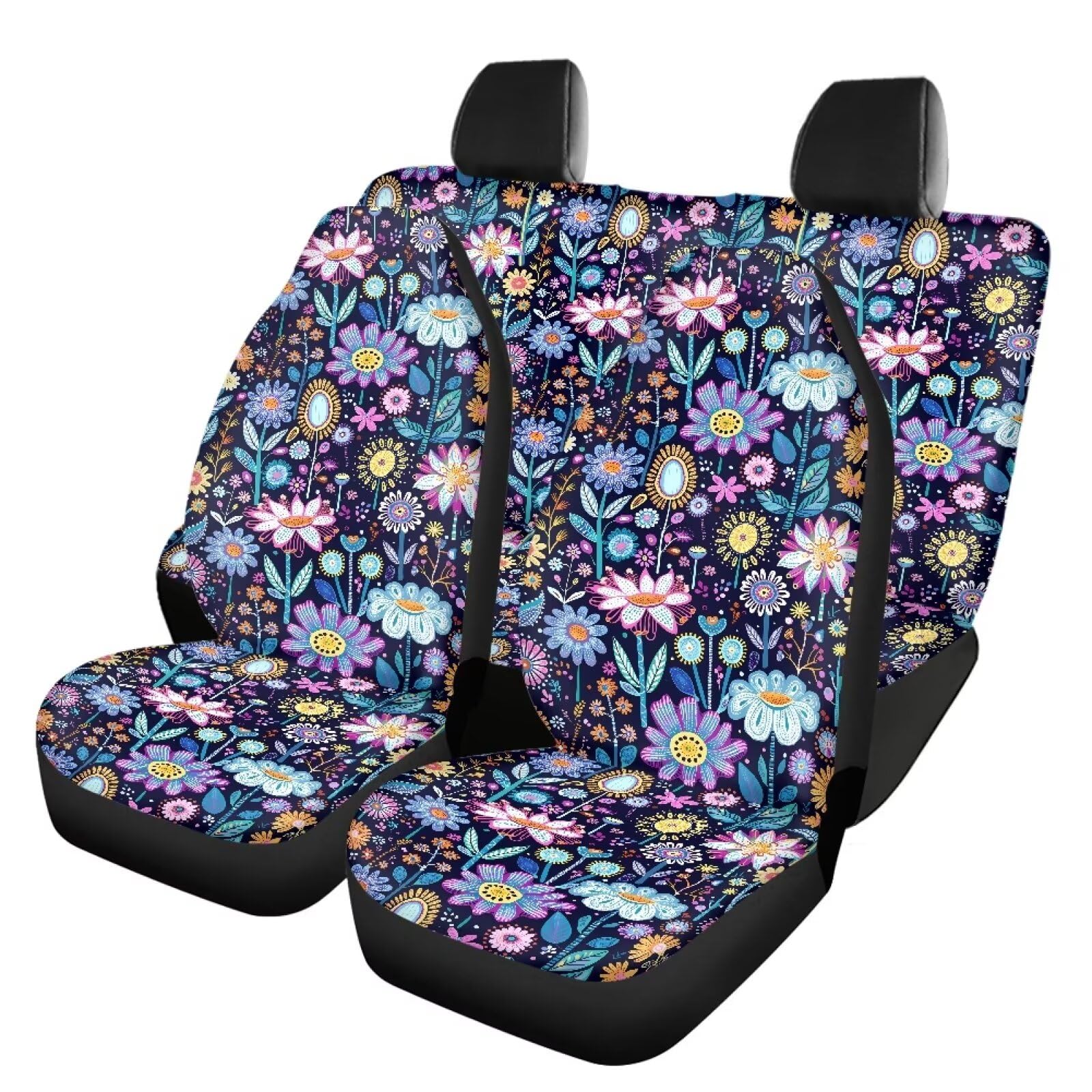 Wanyint Hippie Flower Lotus Blau Lila Autositzbezüge Vollständiges Set Vorder- und Rückbankschoner Set Universal Fit für Auto LKW Van SUV für Auto Innendekoration von Wanyint