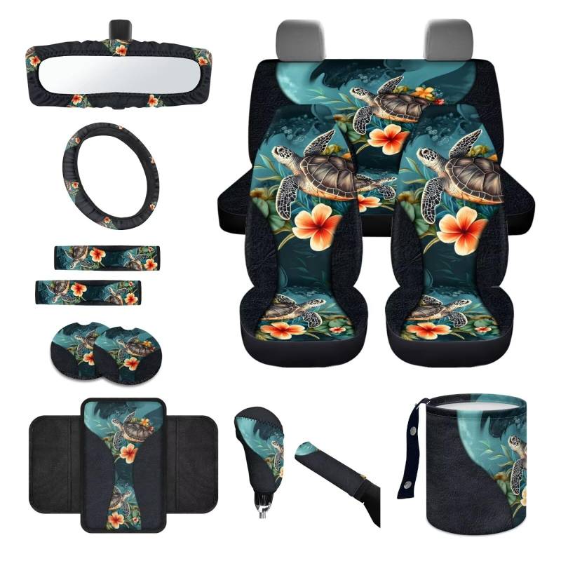 Wanyint Meeresschildkröte Blume Auto Sitzbezug Set 14 Stück mit Lenkradbezug Sicherheitsgurt Kissen Pad Müllsack Rückspiegel Abdeckung Auto Armlehne Sitzbox Abdeckung Handbremse Abdeckung Set Auto von Wanyint