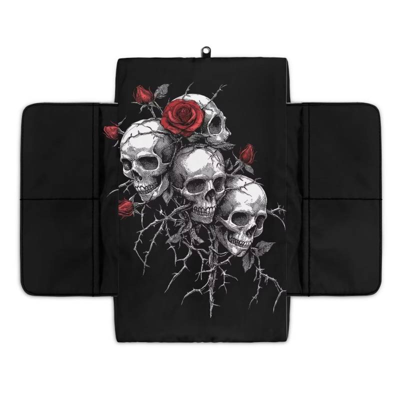 Wanyint Mittelkonsole mit Totenkopf-Motiv, rote Rose, weiche Armlehne, Mattenschutz, rutschfeste Mittelkonsolenabdeckung mit Taschen, Aufbewahrungstasche, Handauflage, Kissen, Auto-Dekor-Zubehör von Wanyint