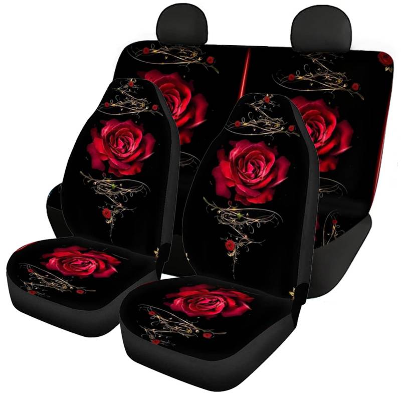 Wanyint Rote Rose Kunst Blumendruck Autositzbezug Komplettes Set für Damen Herren, atmungsaktive VordersitzRücksitzRückenlehneBezug, weicher Stoff, Rückbankbezug, universelle Passform für LKWs, von Wanyint