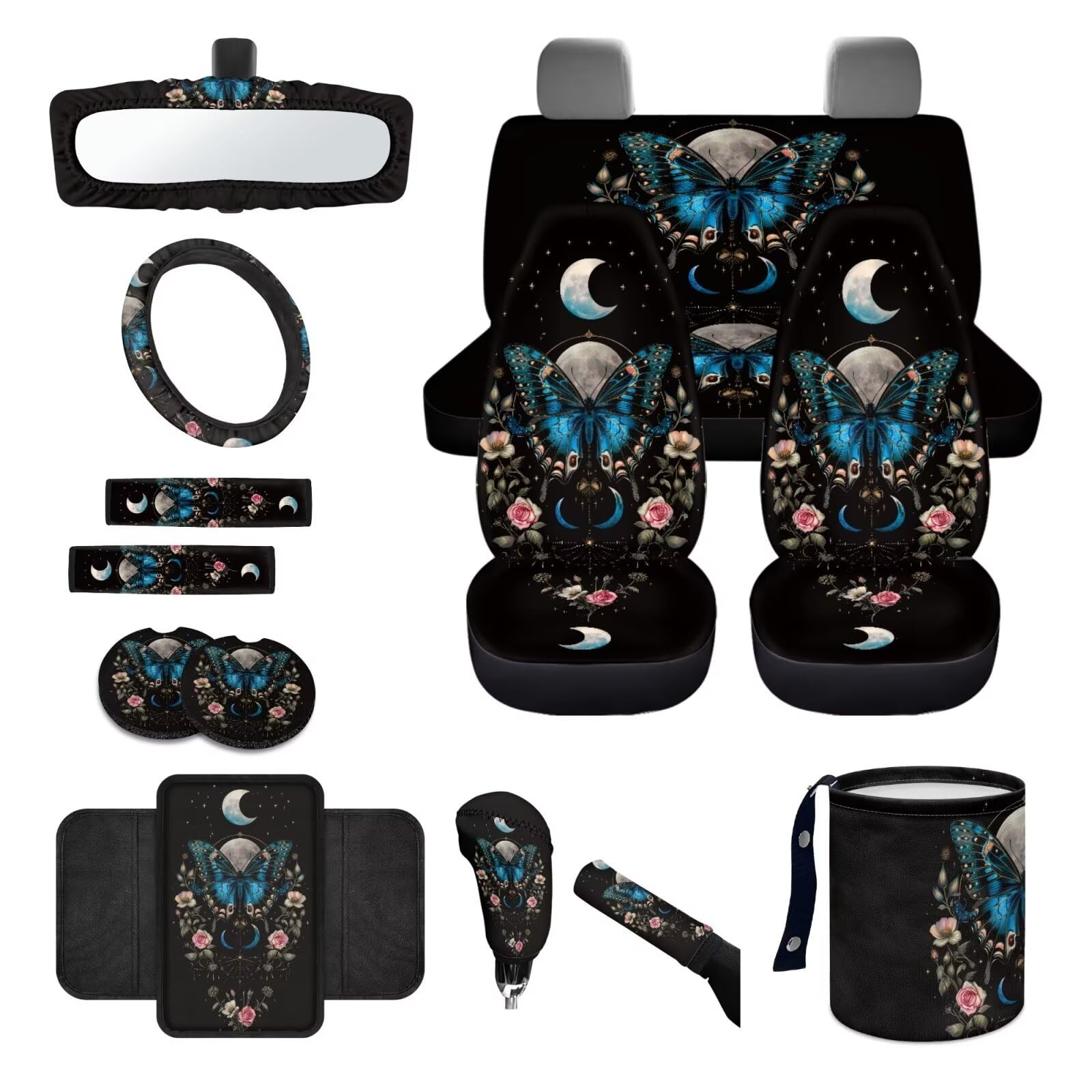 Wanyint Schmetterling Blume Mond Autositzbezug-Set 14-teilig mit Lenkradbezug Sicherheitsgurt Kissen Pad Müllsack Rückspiegelbezug Armlehne Sitzkastenbezug Handbremsenbezug Set Auto Untersetzer von Wanyint