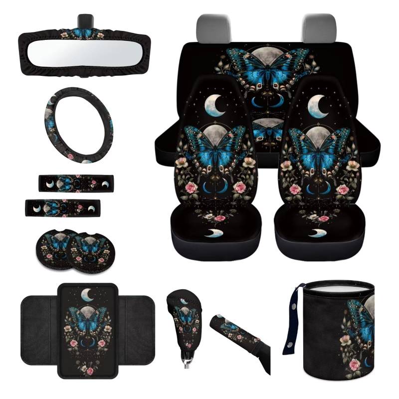 Wanyint Schmetterling Blume Mond Autositzbezug-Set 14-teilig mit Lenkradbezug Sicherheitsgurt Kissen Pad Müllsack Rückspiegelbezug Armlehne Sitzkastenbezug Handbremsenbezug Set Auto Untersetzer von Wanyint