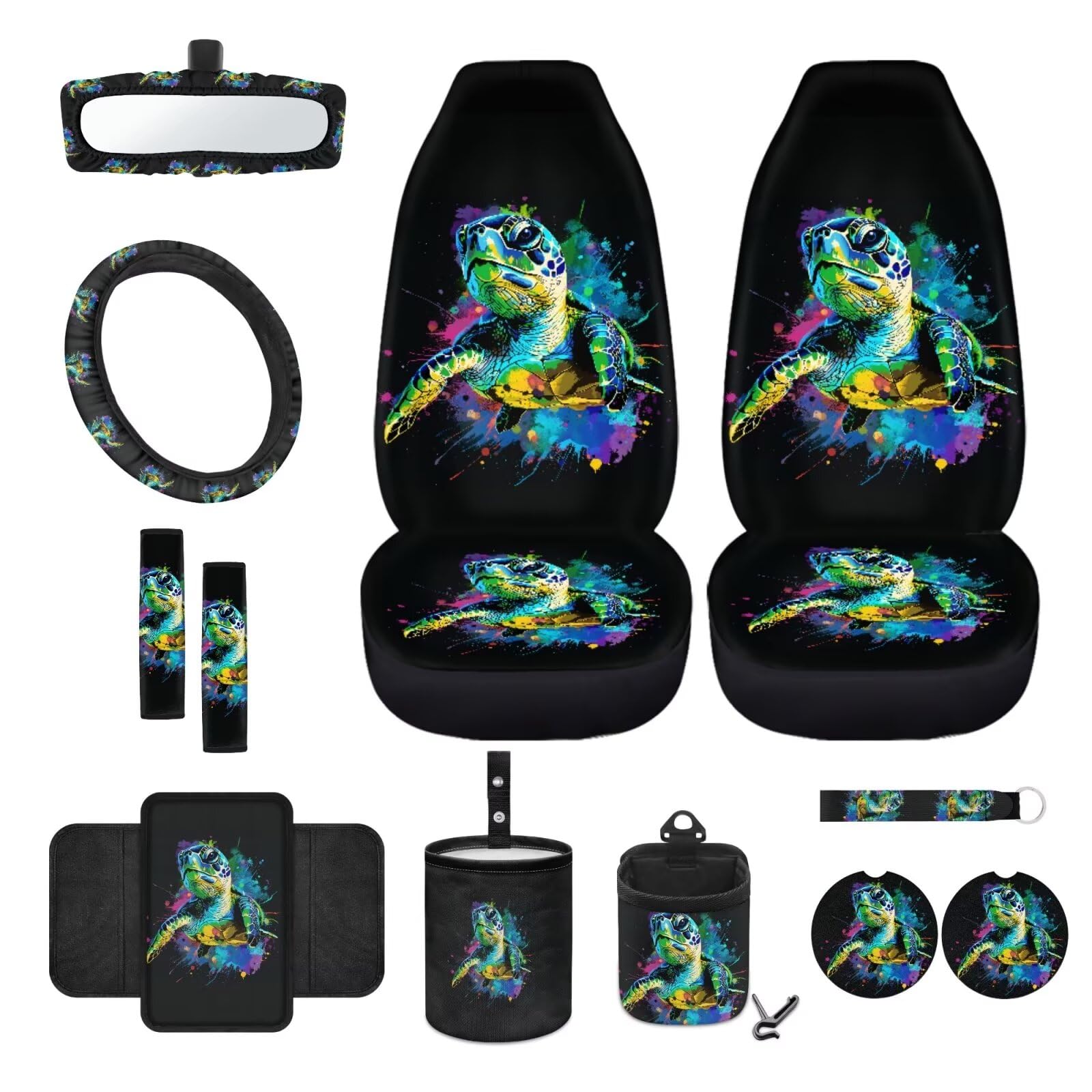 Wanyint Sea Turtle Splash Vordersitzbezug-Set mit Lenkradbezug, Sicherheitsgurtbezug, Armlehnenbezug, Mülltonne, Lüftungsschlitztasche, Rückspiegel-Abdeckung, Untersetzer, Schlüsselanhänger, passend von Wanyint