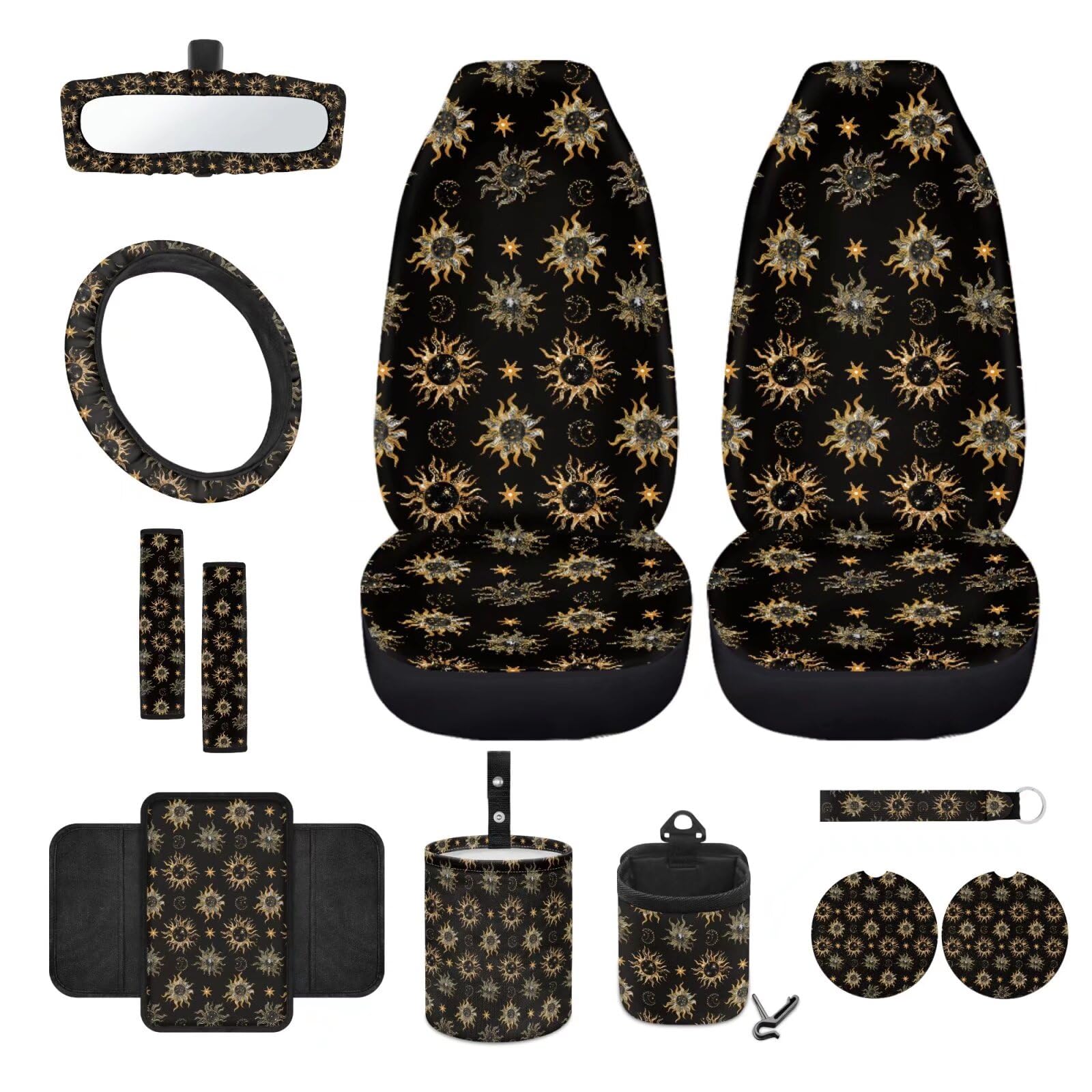 Wanyint Sun Moon Star Gold Autositzbezug-Set mit Lenkradbezug, Sicherheitsgurtpolster, Armlehnenbezug, Mülleimer, Lüftungsschlitztasche, Rückspiegelabdeckung, Untersetzer, Schlüsselanhänger, von Wanyint