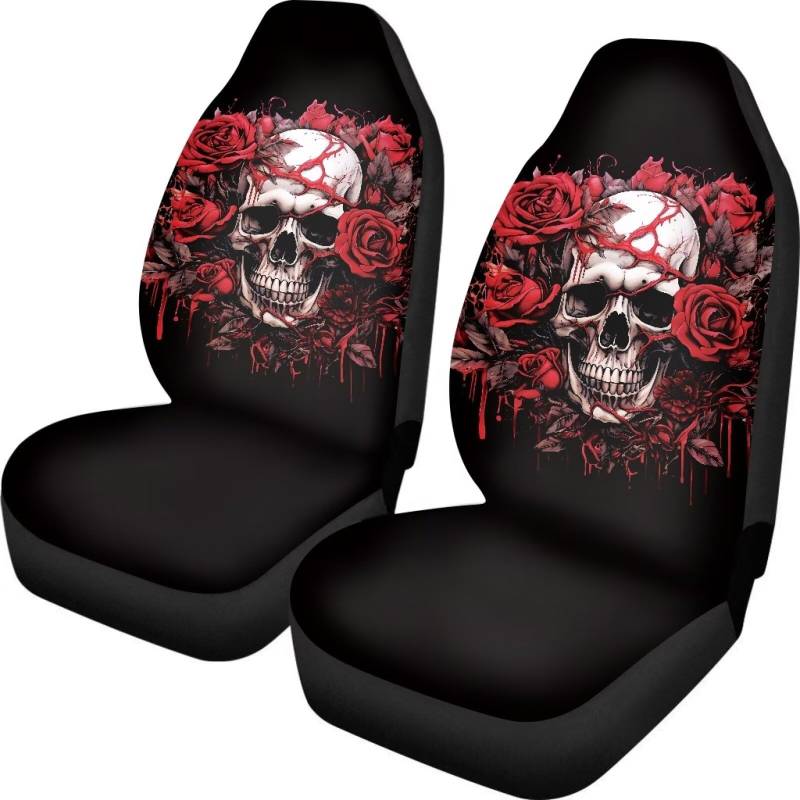 Wanyint Totenkopf Red Rose Autositzbezug für Vordersitz 2er Set, Atmungsaktiver Vordersitzbezug Schutz Innenzubehör Universal Passend für die meisten Autos von Wanyint