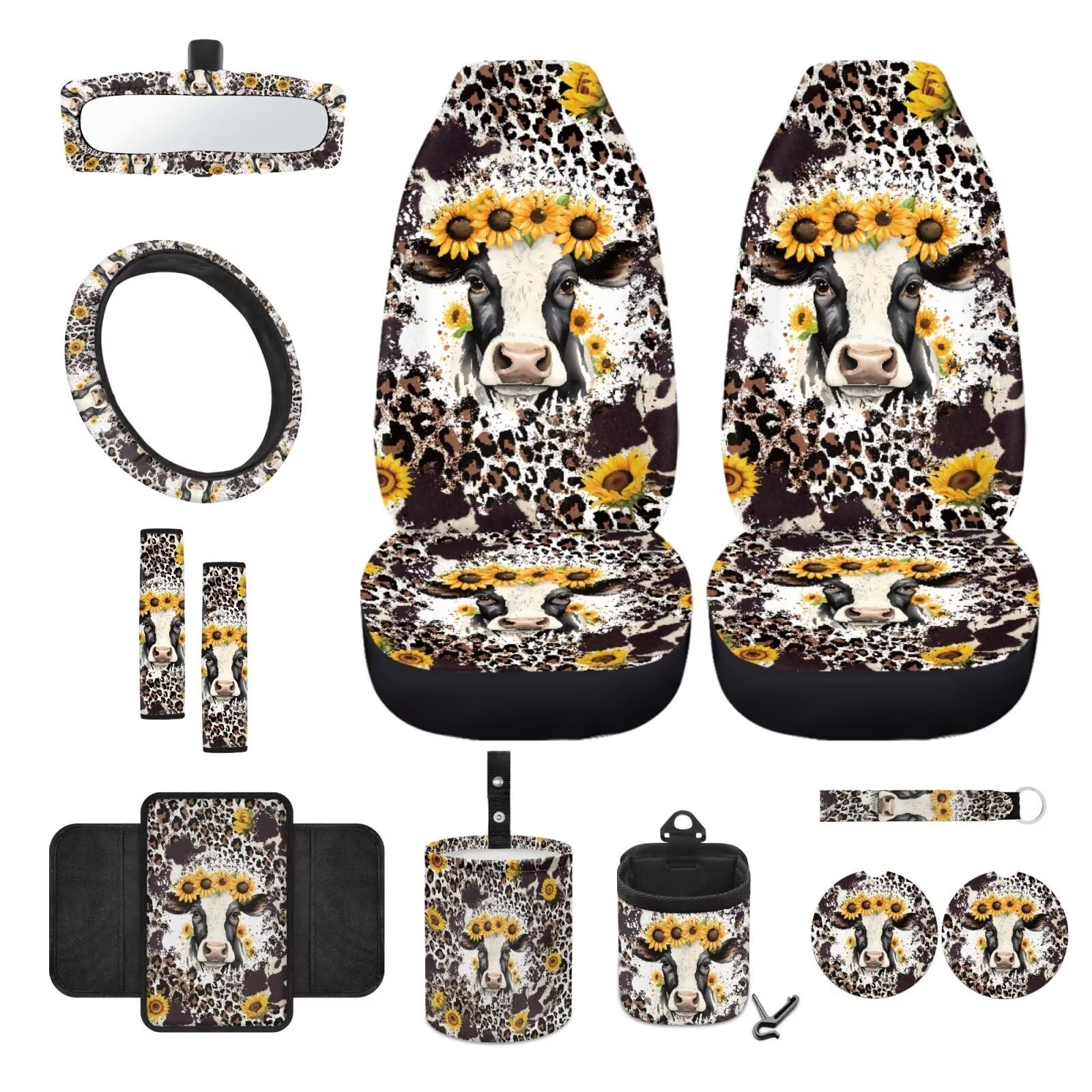 Wanyint Vordersitzbezug-Set mit Kuh-Sonnenblumen-Leopardenmuster, 12-teilig, mit Lenkrad-Sicherheitsgurtbezug, Mittelkonsole, Untersetzer, Mülleimer, Handyhalter, Getränkehalter, Rückspiegelbezug, von Wanyint