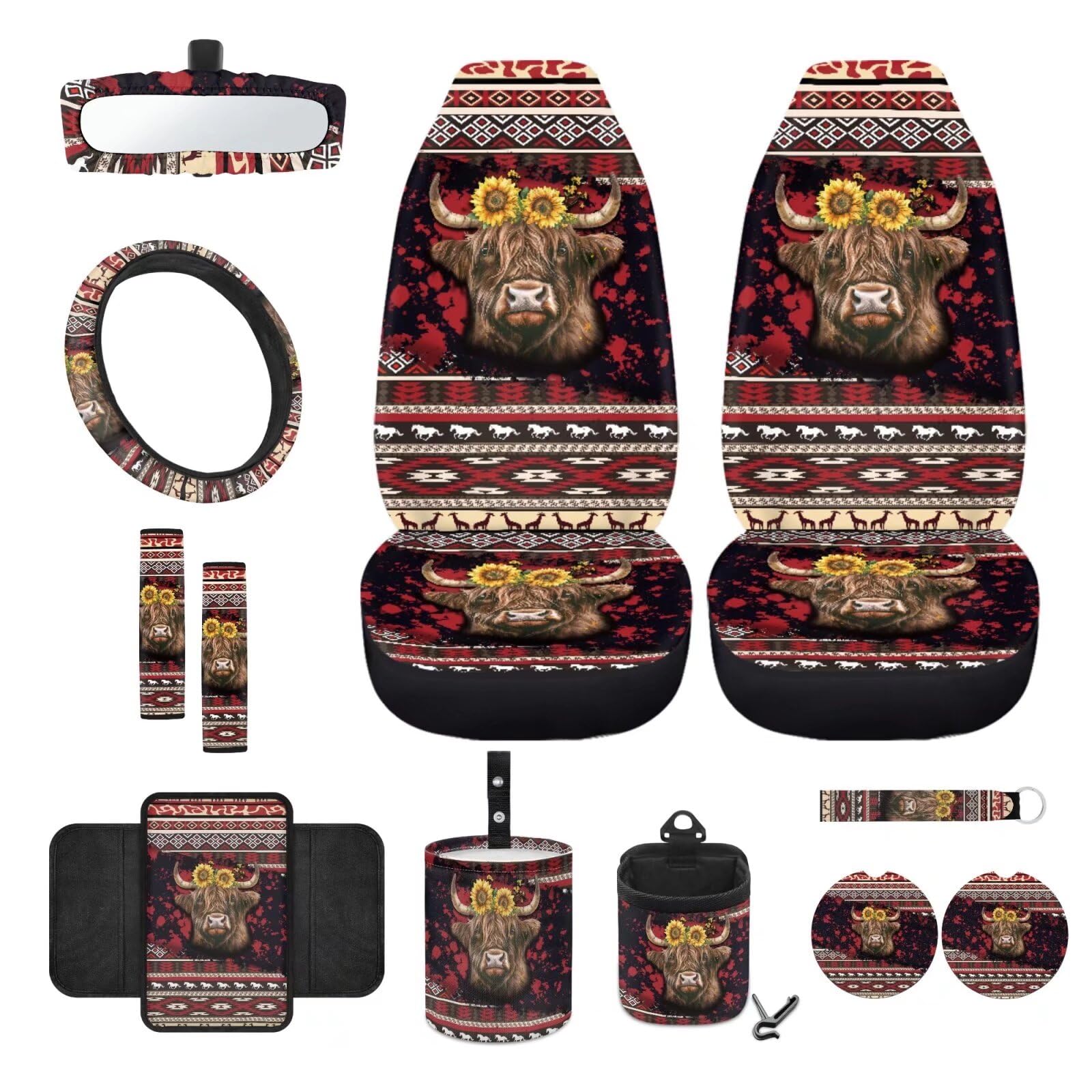 Wanyint Vordersitzbezug-Set mit Lenkradbezug, Sicherheitsgurtbezug, Armlehnenbezug, Mülleimer, Lüftungsschlitztasche, Rückspiegelabdeckung, Untersetzer, Schlüsselanhänger, Aztekenhochlandkuh, von Wanyint