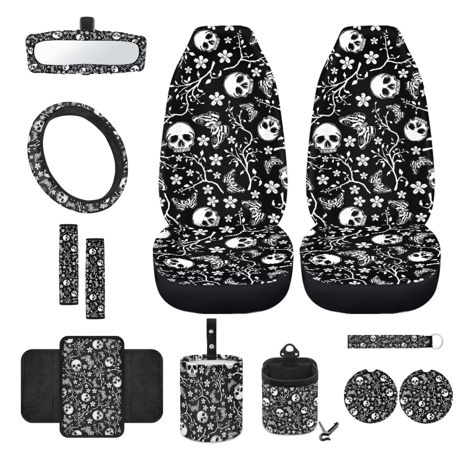 Wanyint Vordersitzbezug-Set mit Totenkopf-Schmetterling-Motiv, 12-teilig, mit Sitzschutz, Lenkradbezug, Gurtpolster, Armlehnenbezug, Mülleimer, Lüftungsschlitztasche, Rückspiegelbezug, Untersetzer, von Wanyint