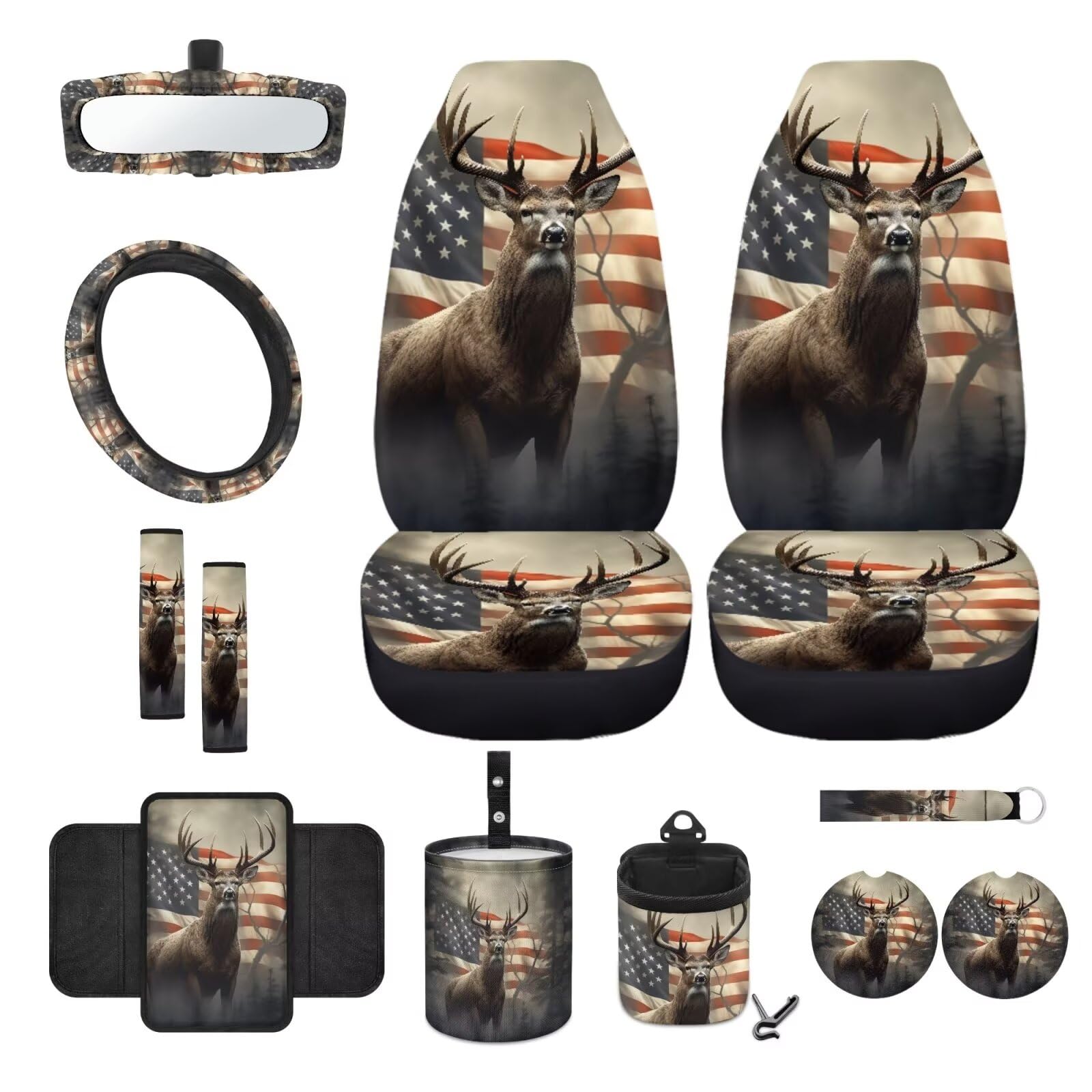 Wanyint Vordersitzbezug-Set mit US-Flagge, 12 Stück, mit Lenkradbezug, Sicherheitsgurtbezug, Armlehnenbezug, Mülltonne, Lüftungsschlitztasche, Rückspiegel-Abdeckung, Untersetzer, Schlüsselanhänger, von Wanyint