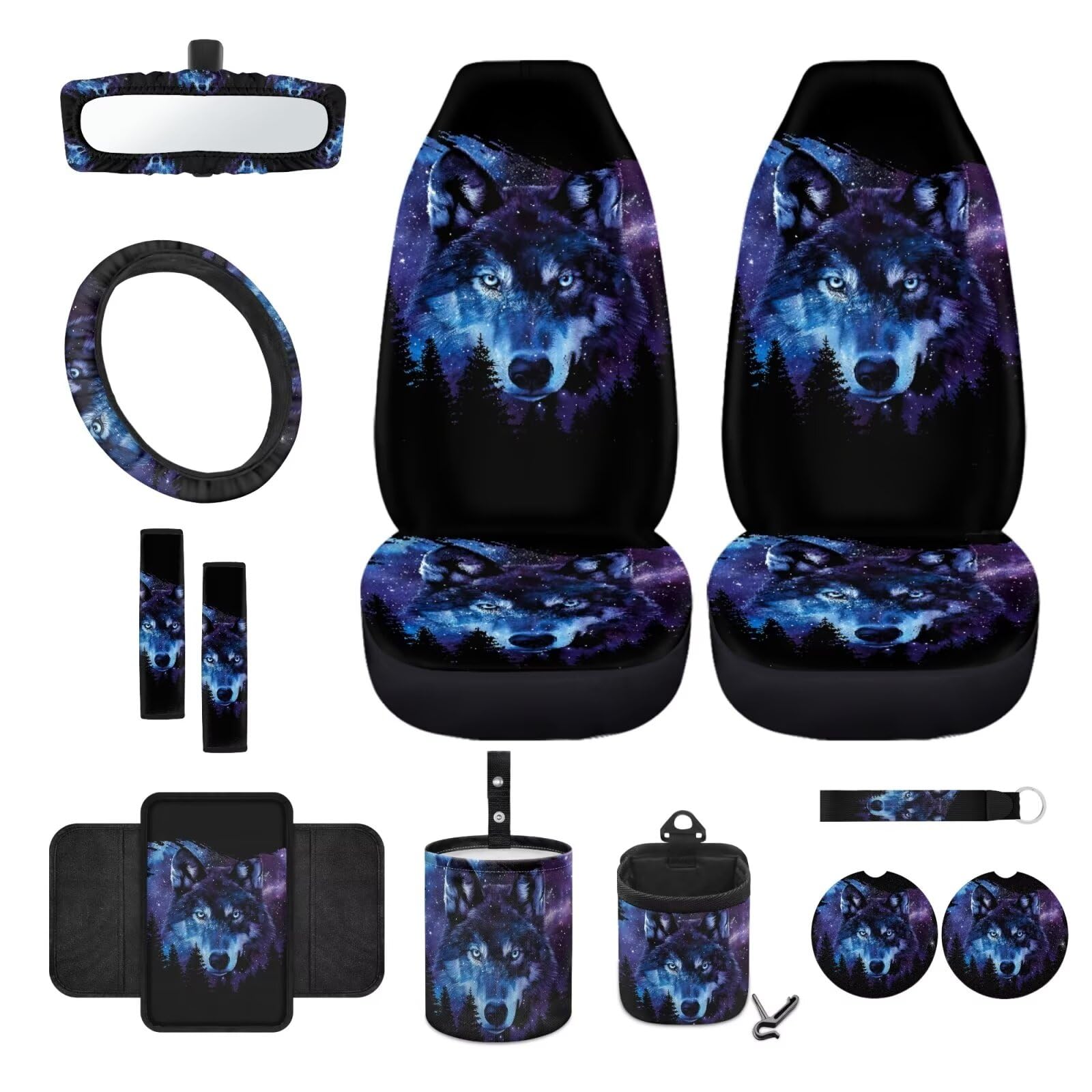 Wanyint Wolf Galaxy Autositzbezüge, Vordersitzbezüge, komplettes Set mit Lenkradbezug, sichere Gurtpolster, Armlehnenpolster, Untersetzer, Mülleimer, Rückspiegelabdeckung, Schlüsselanhänger, von Wanyint