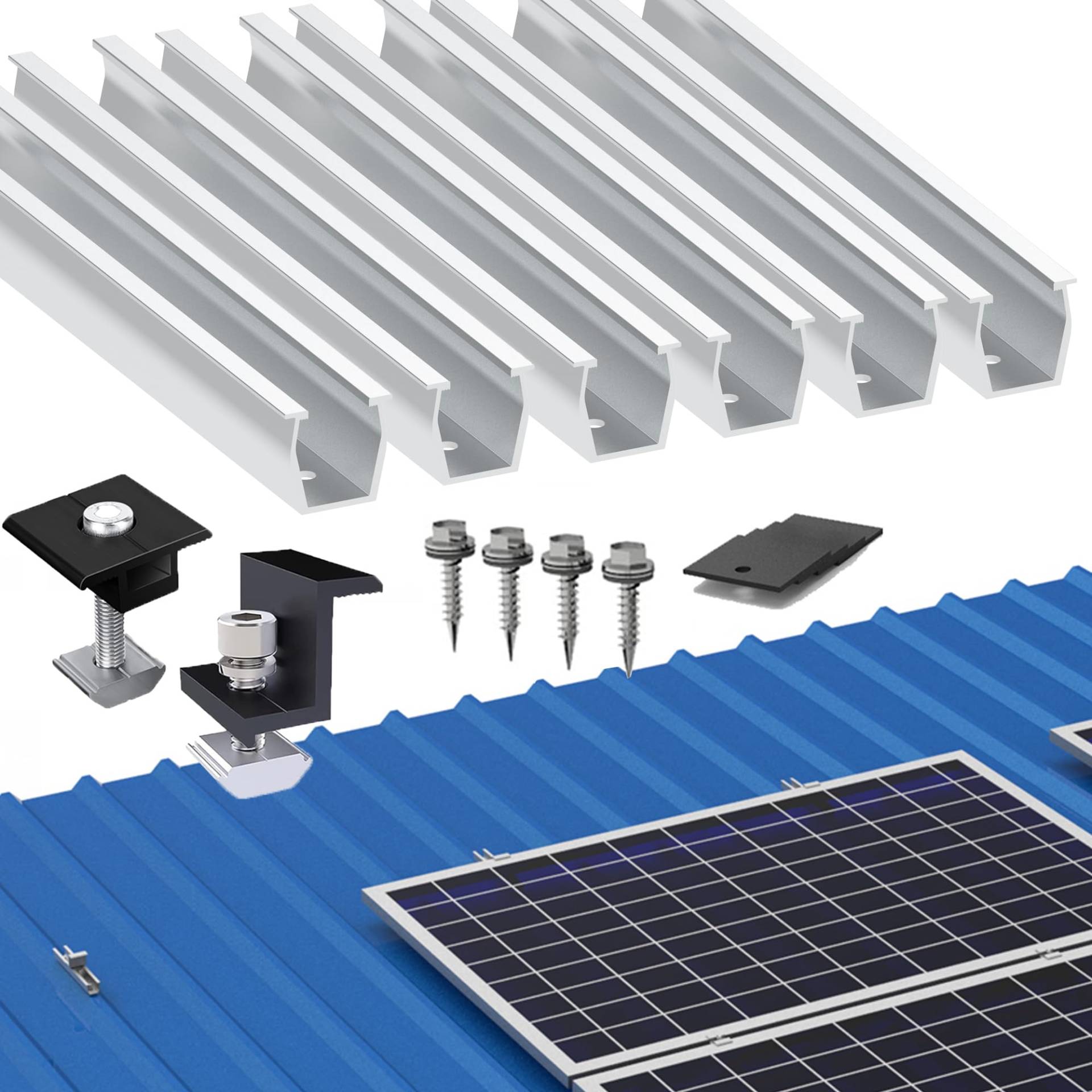 Solarmodul Halterung Befestigungssystem, Alu PV Modul Halterung mit 12CM Montageschiene und Befestigung Klemme für 10x Module 35mm Dicke, Solarpanel Halterung für Flachdach Trapezblech Blechdach von Warmfay