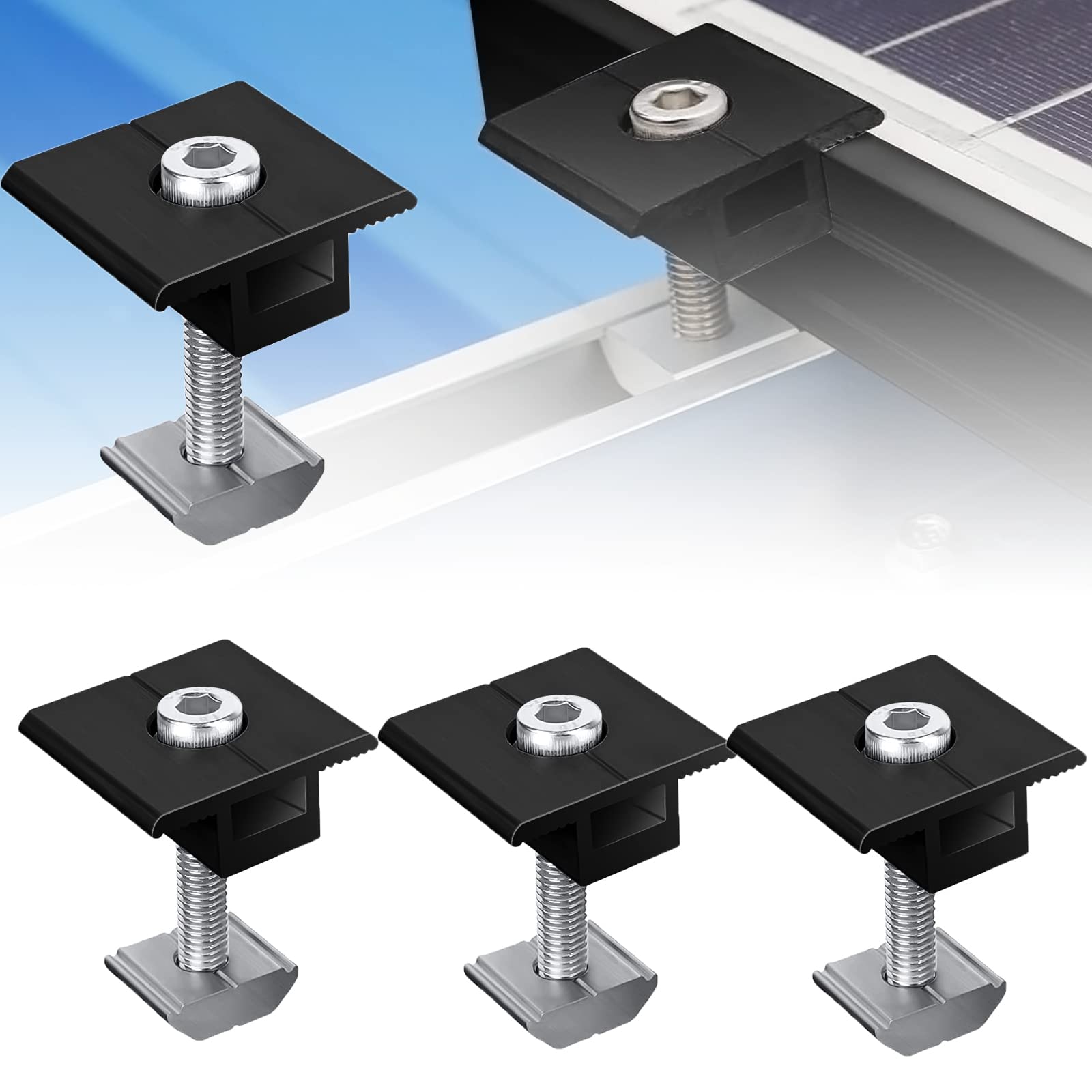 Solarmodul Halterung Mittklemme Kit, 4 Stück Mittklemme 40mm Schwarz Standard inkl. Verschraubung, T-förmige Mittelklemme Verstellbare,Solar Mittelklemme für PV Solar Module Befestigungen auf dem Dach von Warmfay