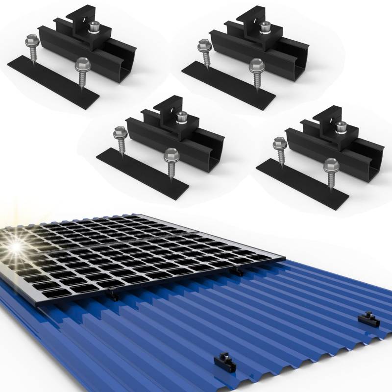 Solarpanel Halterung Kit für 1X Modul, Befestigungsschiene 12cm Voll Schwarz und Verstellbare Klemmen 30-35MM, Halterung Solarmodul für Trapezblech Flachdach Montage PV Befestigung Set von Warmfay