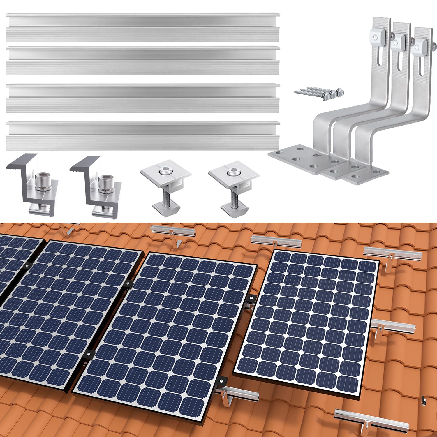 Solarpanel Halterung Ziegeldach Montageset，Dachhalterungen Solarpanel für Top Mount Solar PV, 300mm Schiene Montage Ziegelmontage für 2 Module und Verstellbare klemmen 30-35mm Dicke von Warmfay