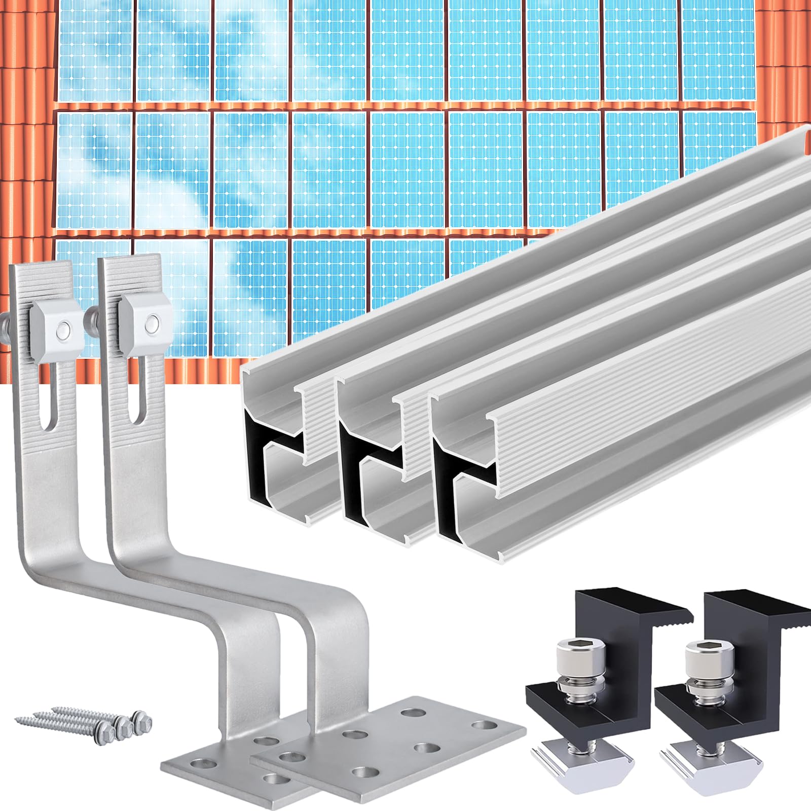 Warmfay Photovoltaik Halterung Ziegeldach Set, PV Befestigung Ziegeldach mit Schiene Dachhaken Schwarze Klemme für 1 Solarpanel, Alu Solarmodul Halterung Ziegeldach Unterstützung 30MM Dicke Modul von Warmfay